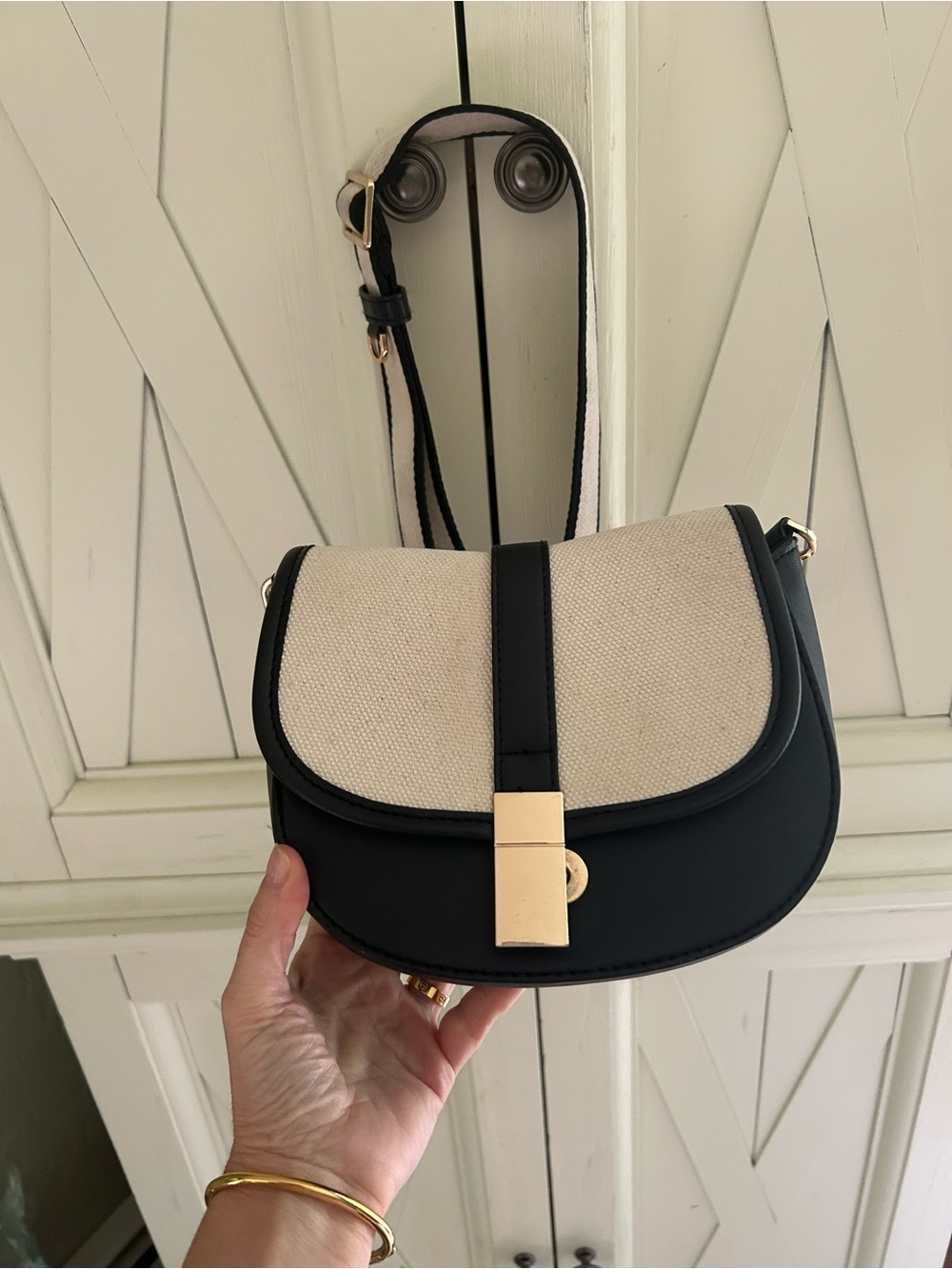 Canvas and Black Leather Crossbody Saddle Bag - Neutral